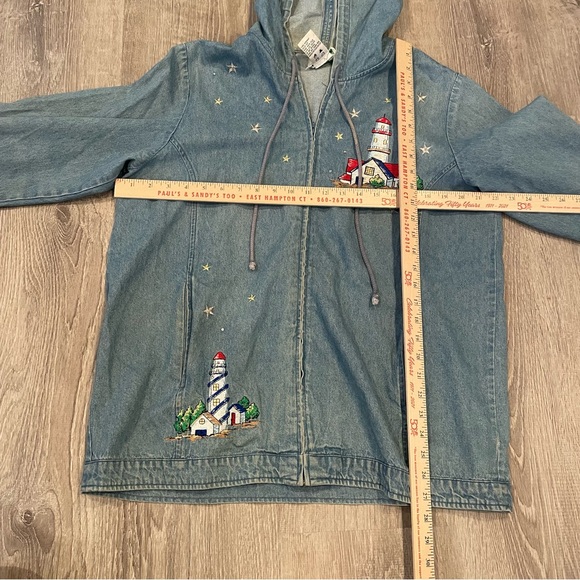 Vintage Quacker Factory Denim Full Zip Hooded Embroidered Lighthouse Top Large - Picture 2 of 8